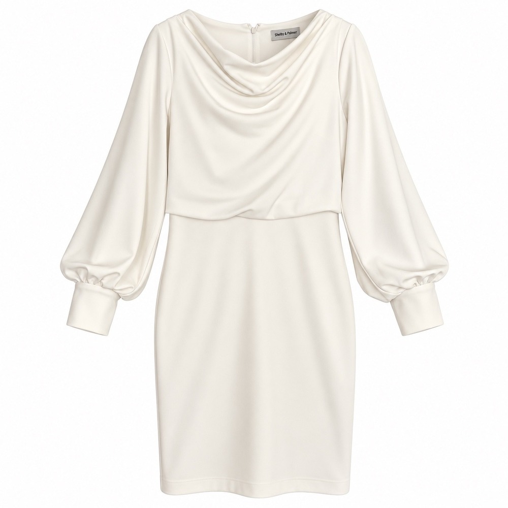 Shelby & Palmer Ivory Cowl Neck Balloon Sleeve Sheath Dress Size 6